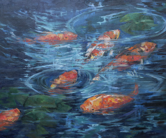 Artistic depiction of koi fish swimming in water with lily pads